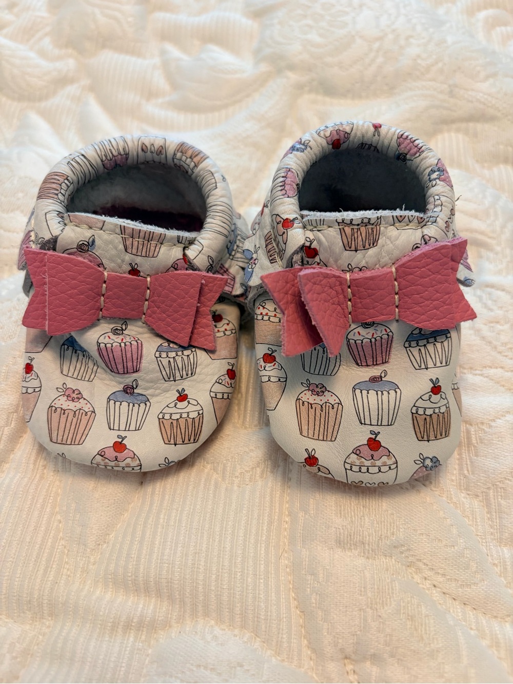 Freshly Picked Baby Cupcake Print Moccasins with Pink Bow